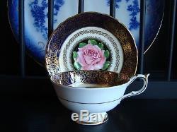 Rare Vintage Paragon 1950's Cobalt Tea Cup & Saucer with Huge Pink Rose & Gold