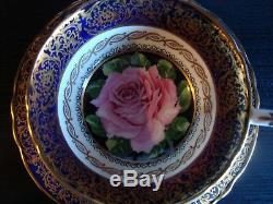 Rare Vintage Paragon 1950's Cobalt Tea Cup & Saucer with Huge Pink Rose & Gold