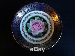 Rare Vintage Paragon 1950's Cobalt Tea Cup & Saucer with Huge Pink Rose & Gold