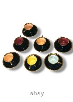 Rare Vintage Porcelaine de France Demitasse Cups & Saucers Set Of 7 Black & Gold