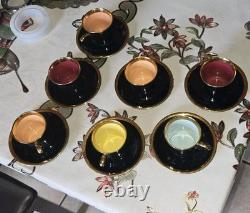 Rare Vintage Porcelaine de France Demitasse Cups & Saucers Set Of 7 Black & Gold