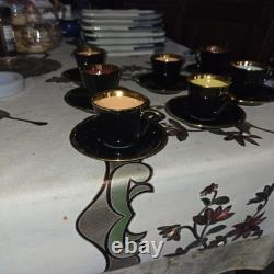 Rare Vintage Porcelaine de France Demitasse Cups & Saucers Set Of 7 Black & Gold