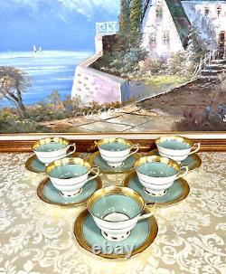 Rare set of 6 AYNSLEY Berkeley teal green, Wide Gold Rimmed Cup and Saucer Set
