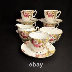 Ridgway Melba China 4 Cups Saucers withCreamer Sugar Pink Yellow withGold 1955-1964