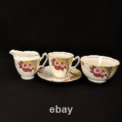 Ridgway Melba China 4 Cups Saucers withCreamer Sugar Pink Yellow withGold 1955-1964