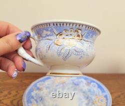 Rockingham True Trio c1830 French Empire Shape Blue Printed Flowers 725 Gilded