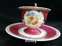 Rosenthal Cup & Saucer Red Gold Rim Flowers Unusual Birds Head Handle 1891-1906