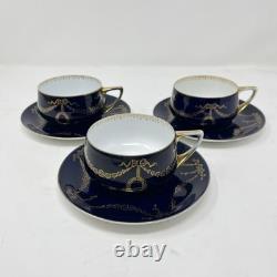 Rosenthal Cups & Saucers (x3) In Donatello Shape With Deep Cobalt Gilded Pattern