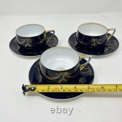 Rosenthal Cups & Saucers (x3) In Donatello Shape With Deep Cobalt Gilded Pattern