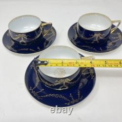 Rosenthal Cups & Saucers (x3) In Donatello Shape With Deep Cobalt Gilded Pattern