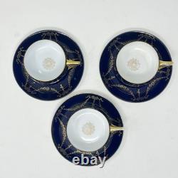 Rosenthal Cups & Saucers (x3) In Donatello Shape With Deep Cobalt Gilded Pattern
