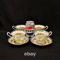 Royal Albert 4 Cups & 4 Saucers Chelsea Bird Blue Multicolor withGold 1940's Avon