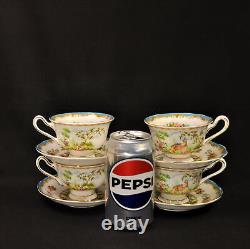 Royal Albert 4 Cups & 4 Saucers Chelsea Bird Blue Multicolor withGold 1940's Avon