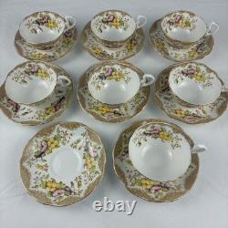 Royal Albert Crown China Pansy 7726 Tea Cups & Saucers Set 15 Pc Floral Gold