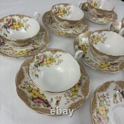Royal Albert Crown China Pansy 7726 Tea Cups & Saucers Set 15 Pc Floral Gold