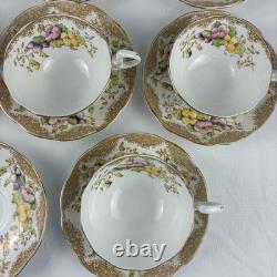 Royal Albert Crown China Pansy 7726 Tea Cups & Saucers Set 15 Pc Floral Gold