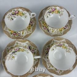 Royal Albert Crown China Pansy 7726 Tea Cups & Saucers Set 15 Pc Floral Gold