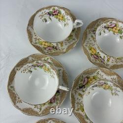 Royal Albert Crown China Pansy 7726 Tea Cups & Saucers Set 15 Pc Floral Gold