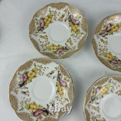 Royal Albert Crown China Pansy 7726 Tea Cups & Saucers Set 15 Pc Floral Gold