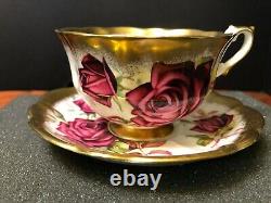 Royal Albert Gold Crest Series Tea Cup & Saucer with Red Cabbage Roses CS126 Mint