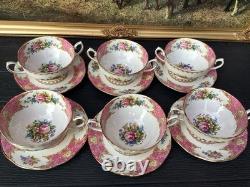 Royal Albert Lady Carlyle Bone China soup twin handled cup & Saucer Set x 6