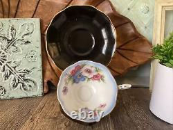 Royal Albert Milady Series Footed Cup & Saucer Black/Gold Anemones floral teacup