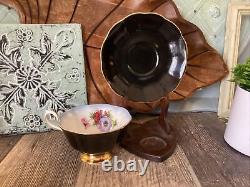 Royal Albert Milady Series Footed Cup & Saucer Black/Gold Anemones floral teacup
