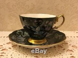 Royal Albert Oriental Tea Cup Saucer Chinoiserie Pagoda Horses Black Gold Trim