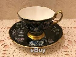 Royal Albert Oriental Tea Cup Saucer Chinoiserie Pagoda Horses Black Gold Trim