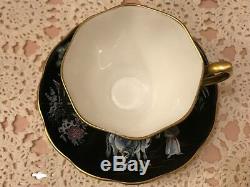 Royal Albert Oriental Tea Cup Saucer Chinoiserie Pagoda Horses Black Gold Trim