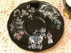 Royal Albert Oriental Tea Cup Saucer Chinoiserie Pagoda Horses Black Gold Trim