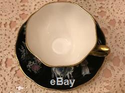 Royal Albert Oriental Tea Cup Saucer Chinoiserie Pagoda Horses Black Gold Trim