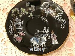 Royal Albert Oriental Tea Cup Saucer Chinoiserie Pagoda Horses Black Gold Trim