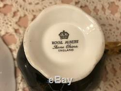 Royal Albert Oriental Tea Cup Saucer Chinoiserie Pagoda Horses Black Gold Trim