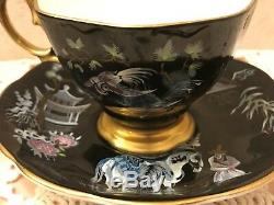 Royal Albert Oriental Tea Cup Saucer Chinoiserie Pagoda Horses Black Gold Trim