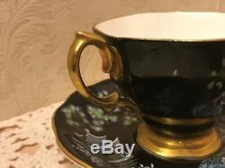 Royal Albert Oriental Tea Cup Saucer Chinoiserie Pagoda Horses Black Gold Trim