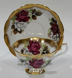 Royal Albert RED and WHITE ROSE Cup & Saucer TREASURE CHEST Series Heavy Gold