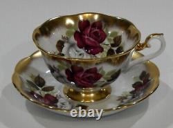 Royal Albert RED and WHITE ROSE Cup & Saucer TREASURE CHEST Series Heavy Gold