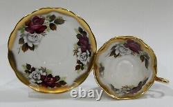 Royal Albert RED and WHITE ROSE Cup & Saucer TREASURE CHEST Series Heavy Gold