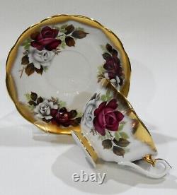 Royal Albert RED and WHITE ROSE Cup & Saucer TREASURE CHEST Series Heavy Gold