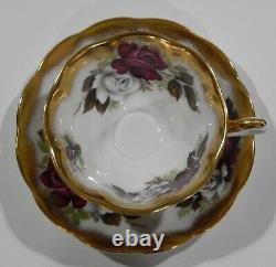 Royal Albert RED and WHITE ROSE Cup & Saucer TREASURE CHEST Series Heavy Gold