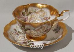 Royal Albert WHITE ROSE Cup & Saucer TREASURE CHEST Series Heavy Gold Gilding