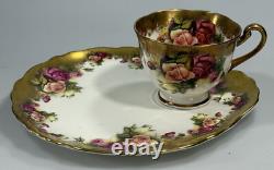 Royal Chelsea Golden Rose Footed Cups & Saucers Set of 4 Heavy Gold UA1