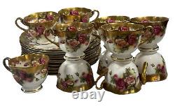 Royal Chelsea Golden Rose Footed Cups & Saucers Set of 4 Heavy Gold UA1