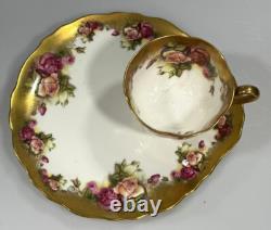 Royal Chelsea Golden Rose Footed Cups & Saucers Set of 4 Heavy Gold UA1