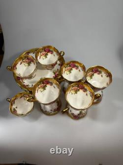 Royal Chelsea Golden Rose Footed Cups & Saucers Set of 4 Heavy Gold UA1