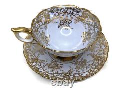 Royal Crow Staffordshire Tea Cup Saucer Gold Guilt Grape Vines Scalloped Footed