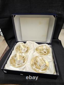 Royal Crown Derby GOLD AVES Coffee Cup And Saucer Set Of 4 BOXED UNUSED