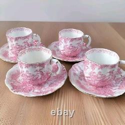 Royal Crown Derby Pink Aves Cup Saucer Coffee Demitasse x 4, 85ml Birds 50s RARE
