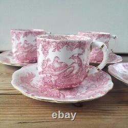 Royal Crown Derby Pink Aves Cup Saucer Coffee Demitasse x 4, 85ml Birds 50s RARE